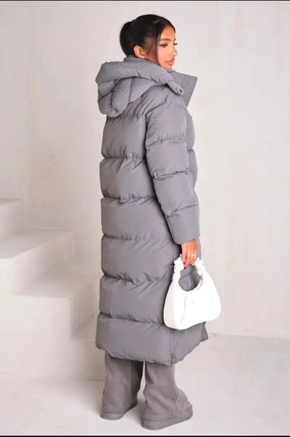 Long quilted gray hooded down coat