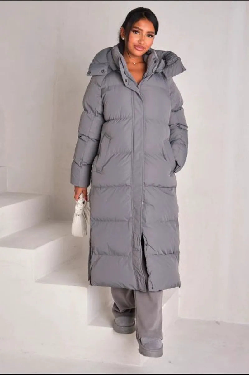 Long quilted gray hooded down coat
