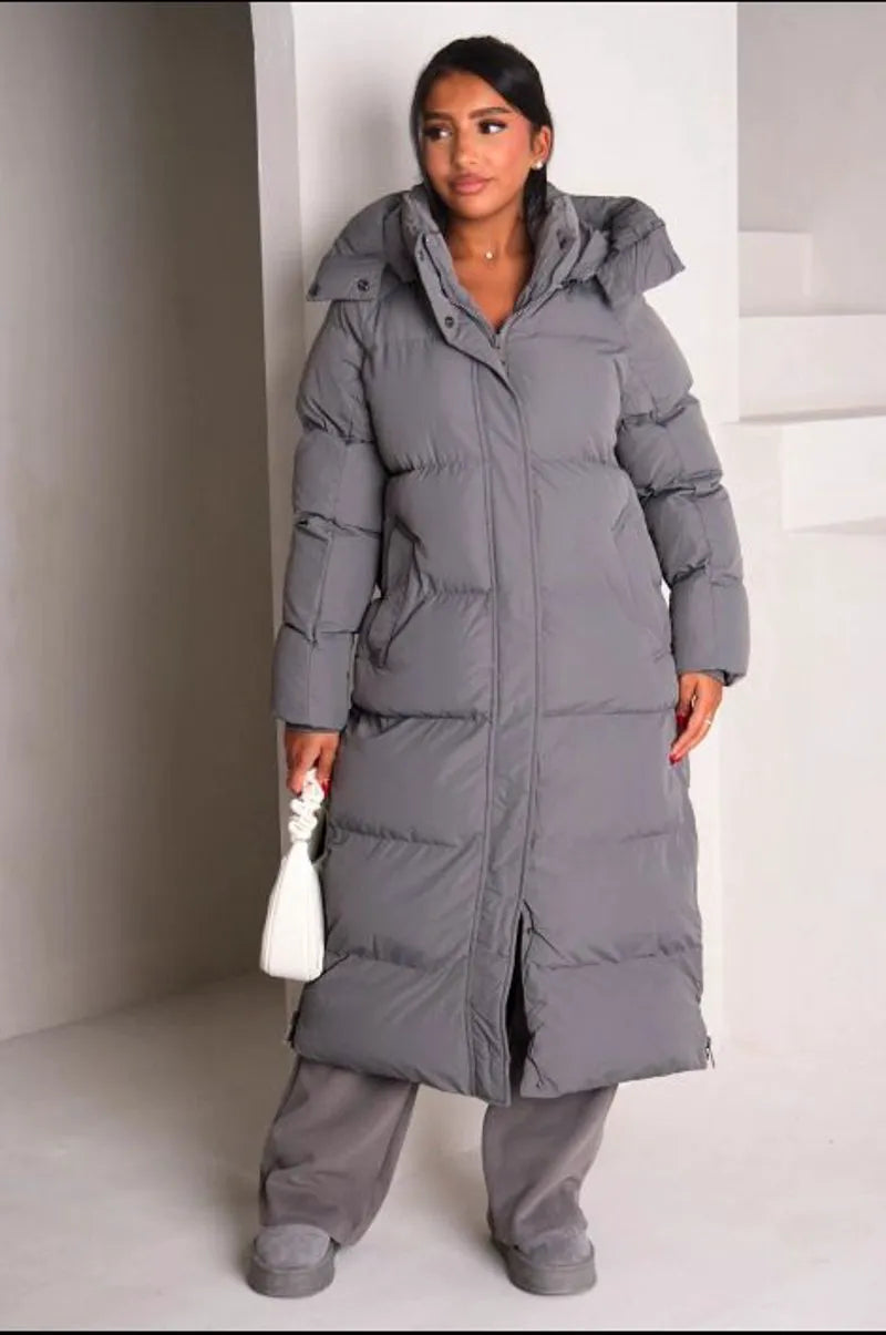 Long quilted gray hooded down coat