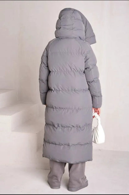 Long quilted gray hooded down coat