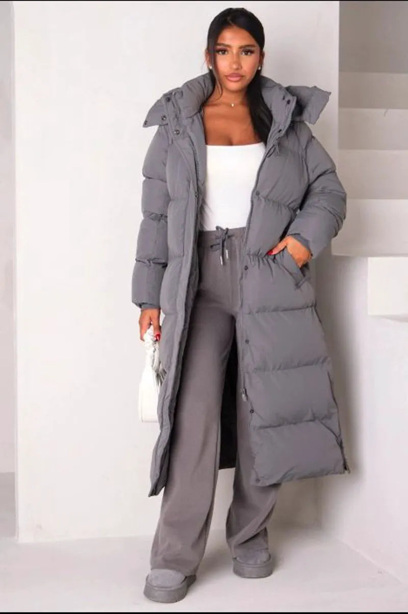 Long quilted gray hooded down coat