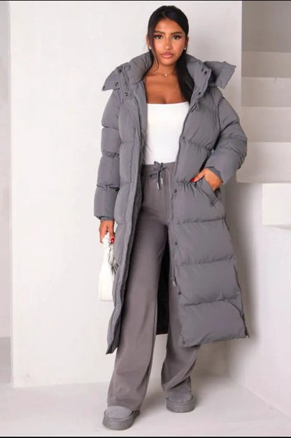 Long quilted gray hooded down coat