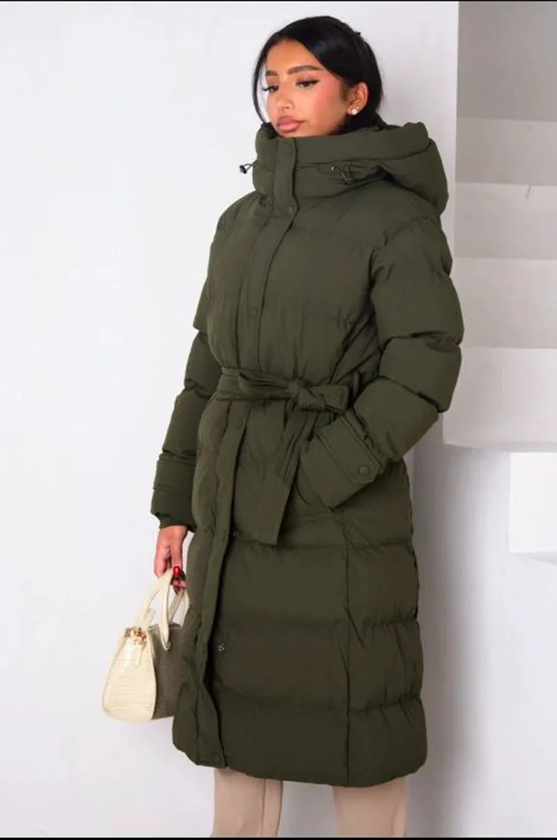 Long quilted khaki hooded belted puffer coat