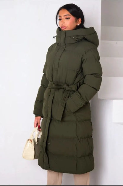 Long quilted khaki hooded belted puffer coat