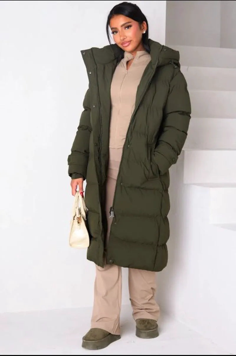 Long quilted khaki hooded belted puffer coat