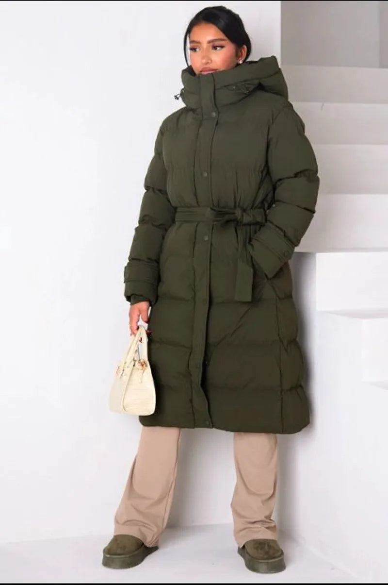 Long quilted khaki hooded belted puffer coat