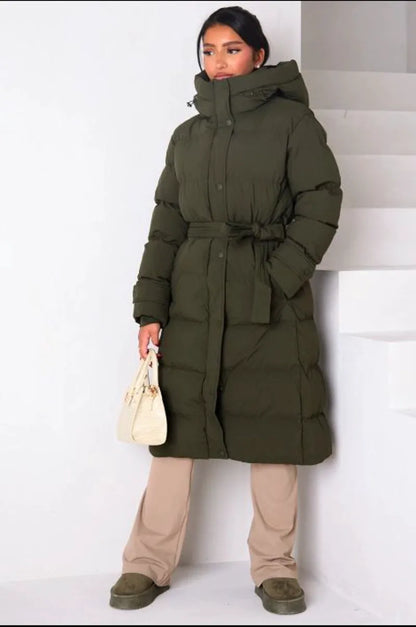 Long quilted khaki hooded belted puffer coat