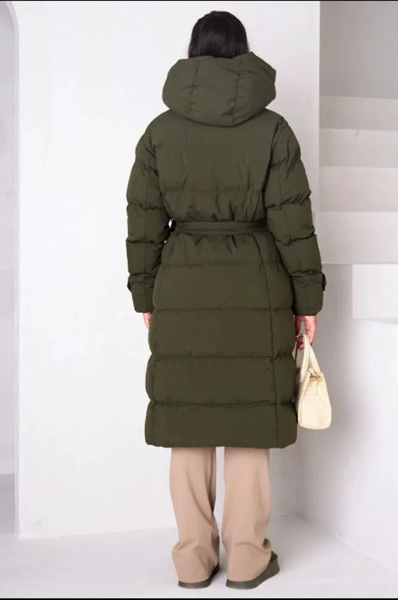 Long quilted khaki hooded belted puffer coat