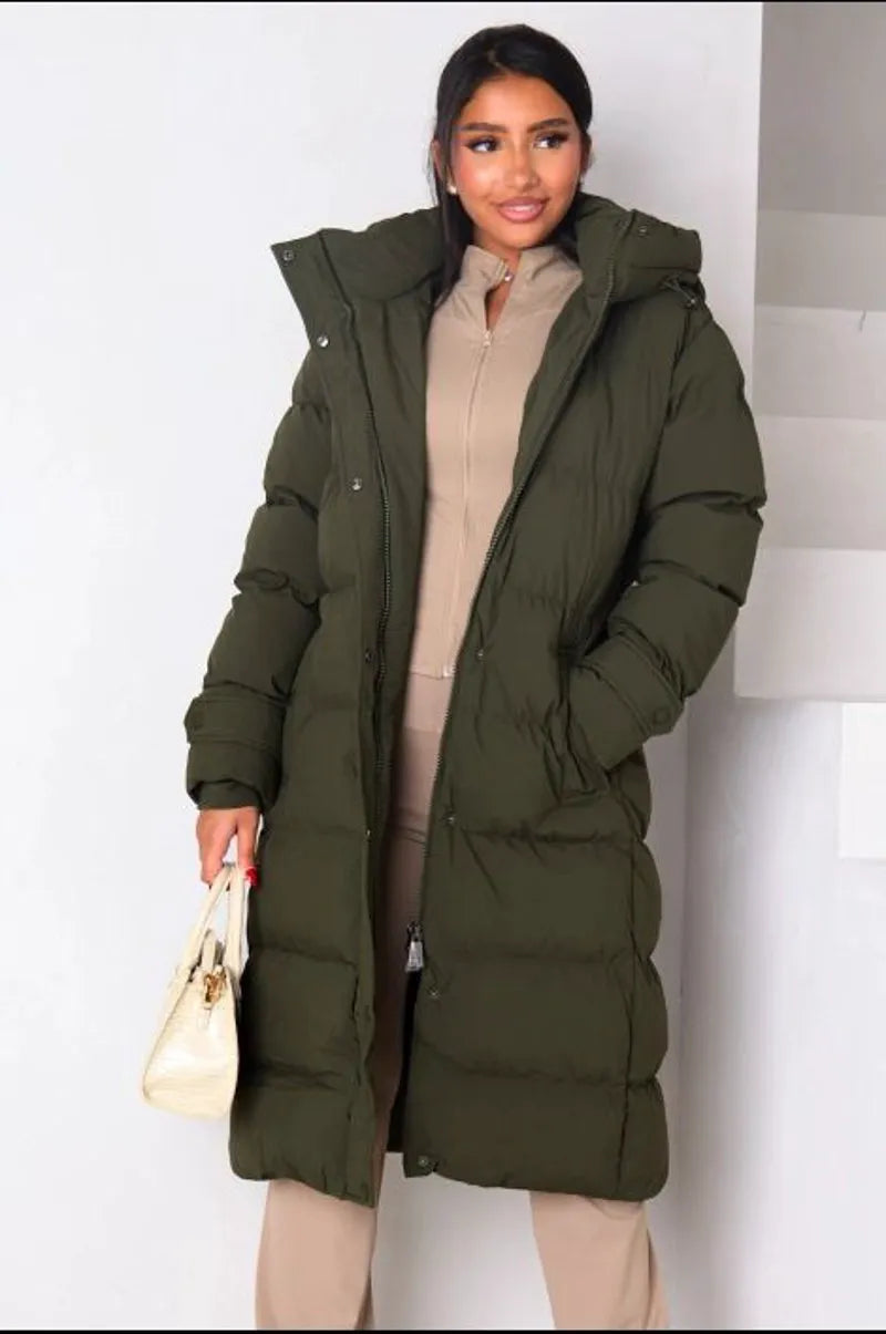 Long quilted khaki hooded belted puffer coat