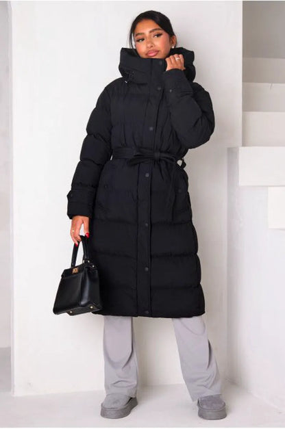 Long black quilted hooded down coat with belt