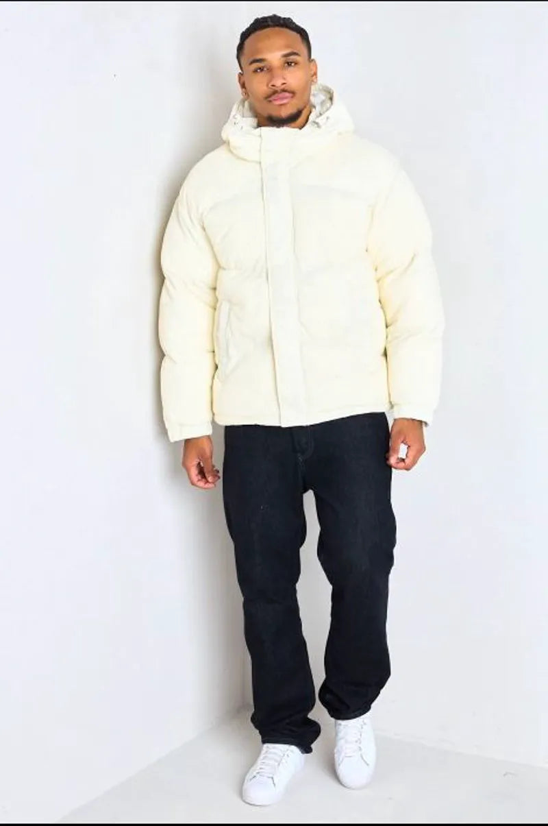 White textured hooded long-sleeve puffer jacket