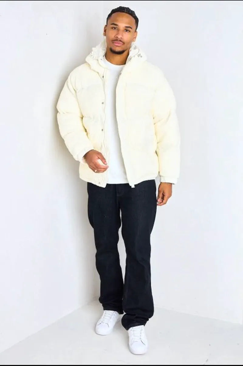 White textured hooded long-sleeve puffer jacket