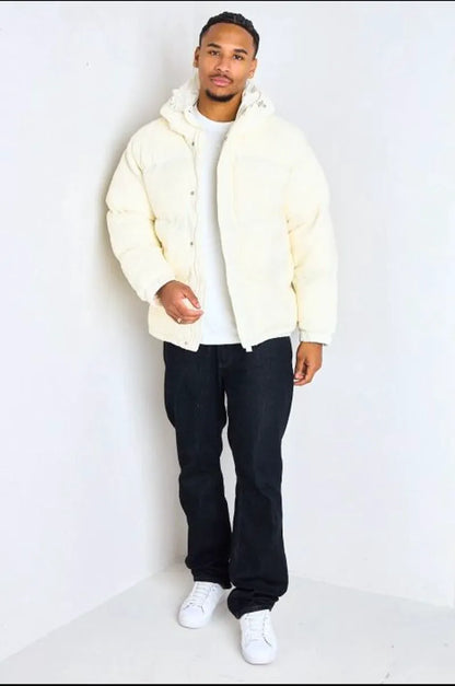 White textured hooded long-sleeve puffer jacket
