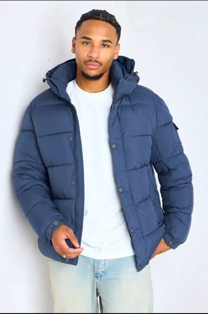 Quilted blue hooded down jacket