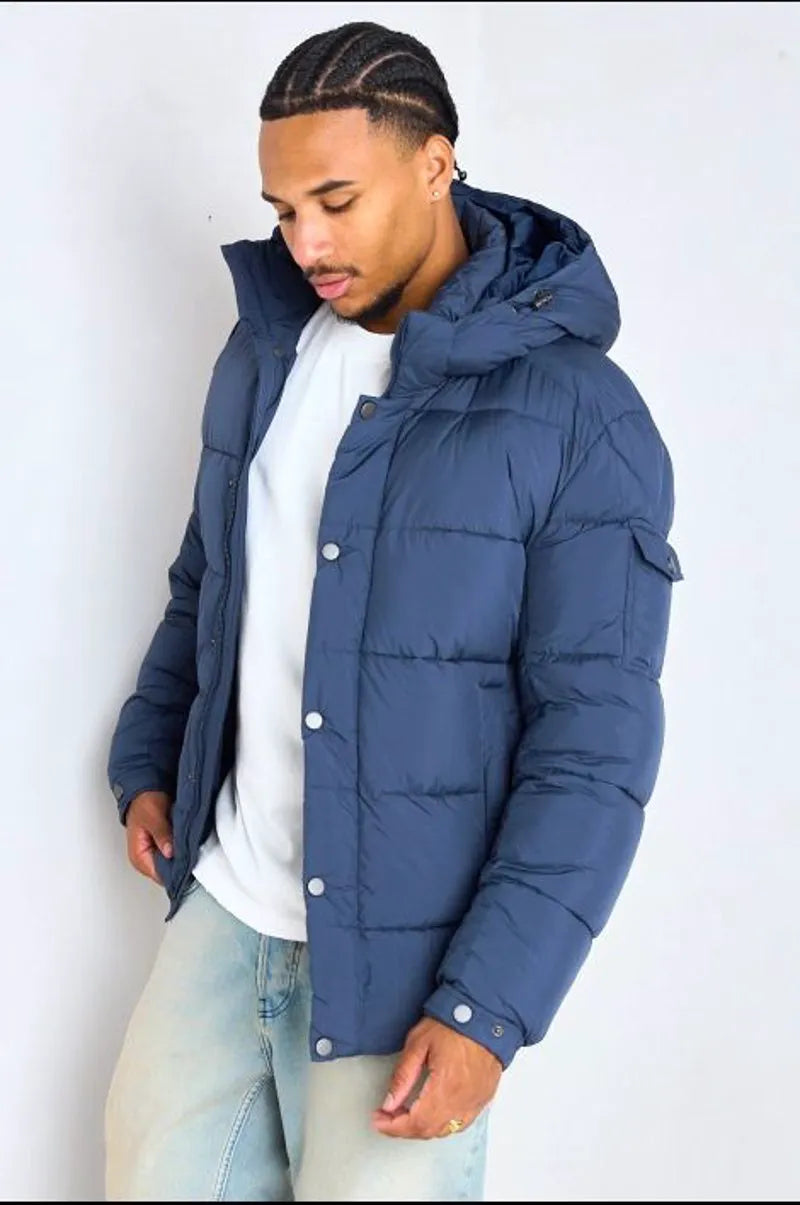 Quilted blue hooded down jacket