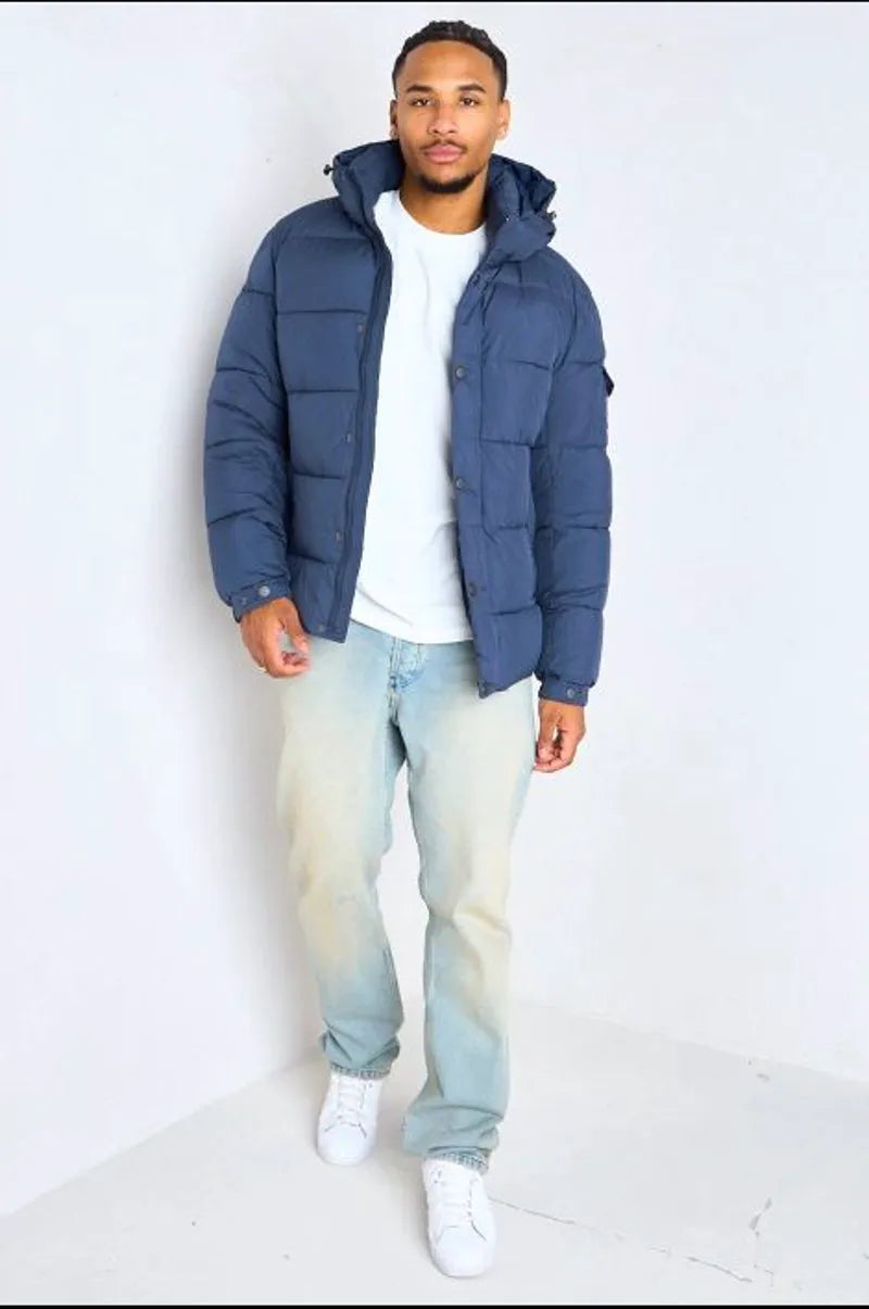 Quilted blue hooded down jacket