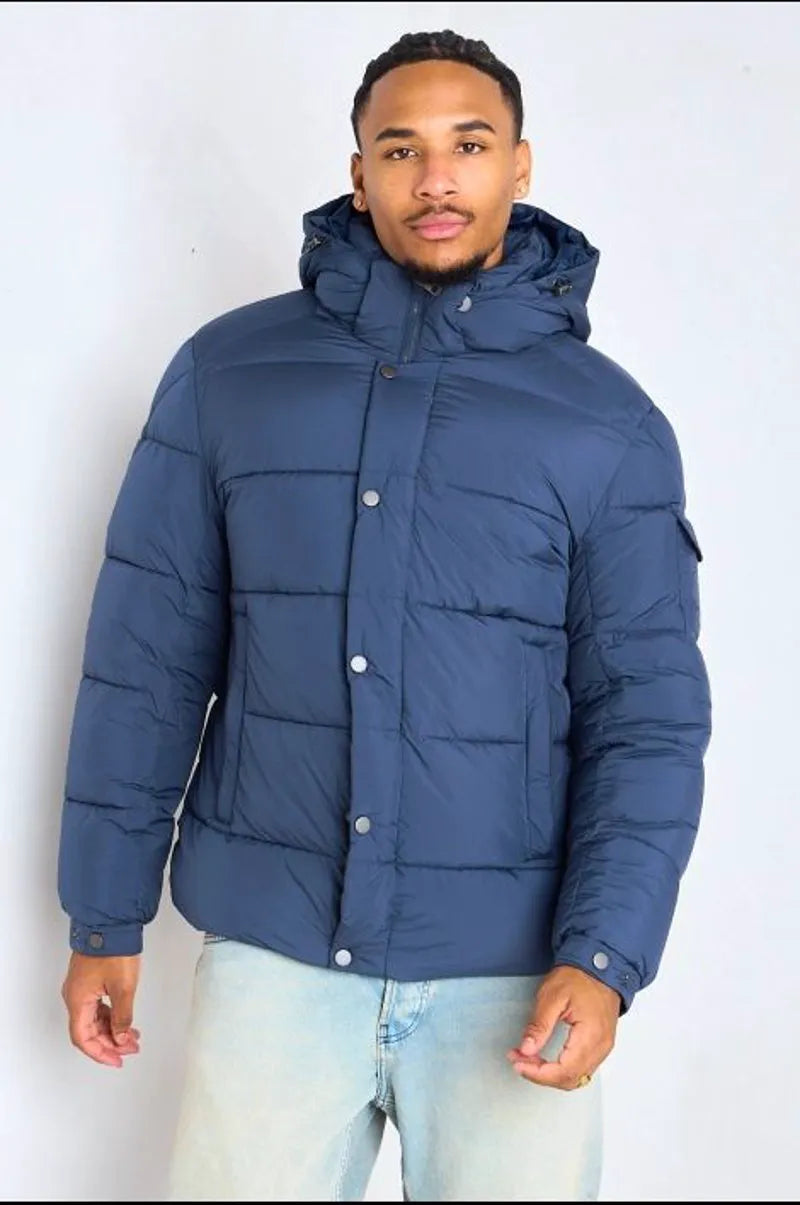 Quilted blue hooded down jacket
