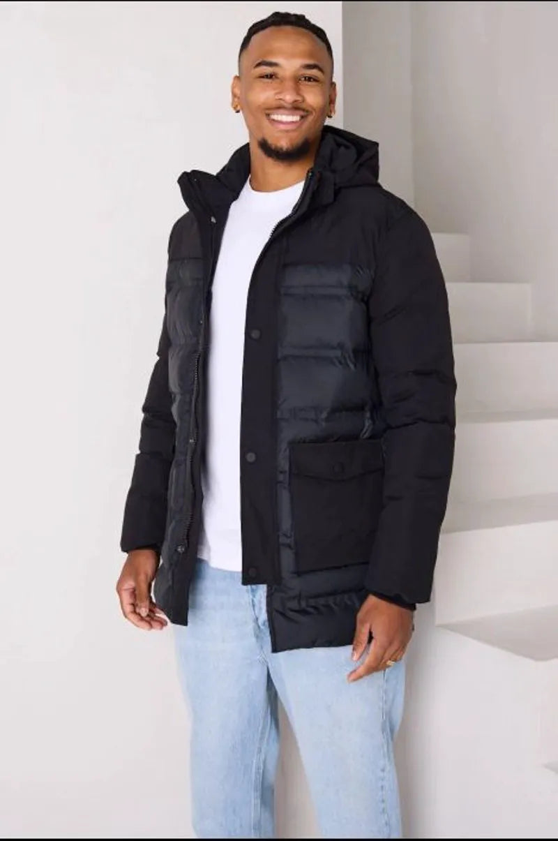 Black quilted mixed-material hooded puffer jacket