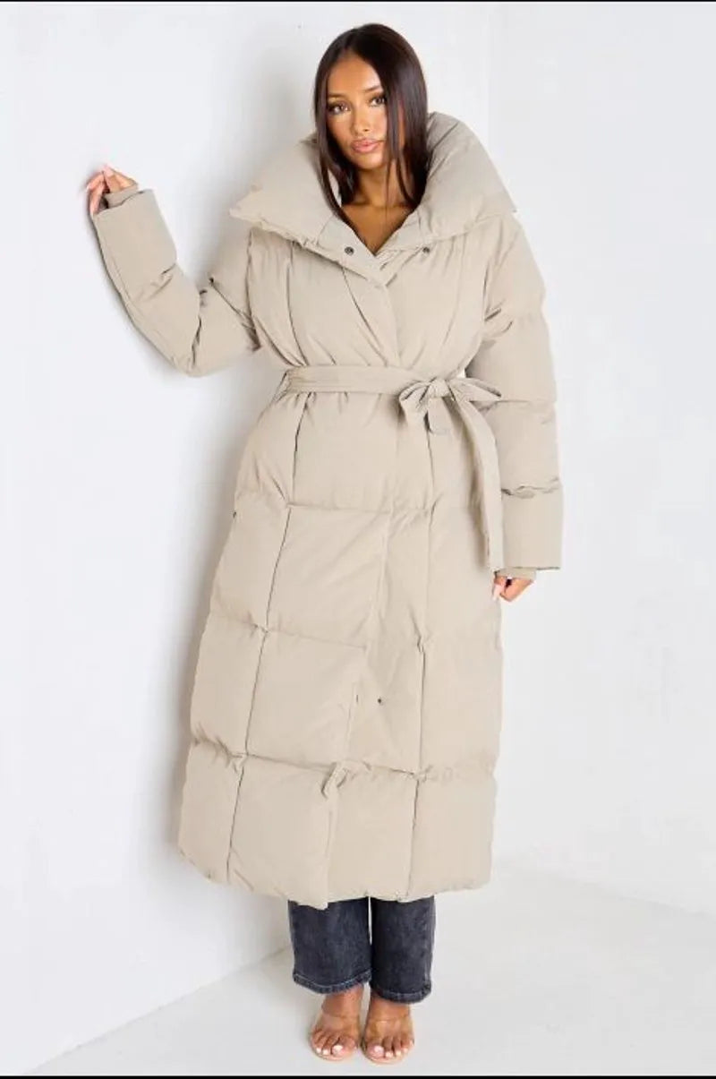 Taupe quilted long-sleeve puffer jacket