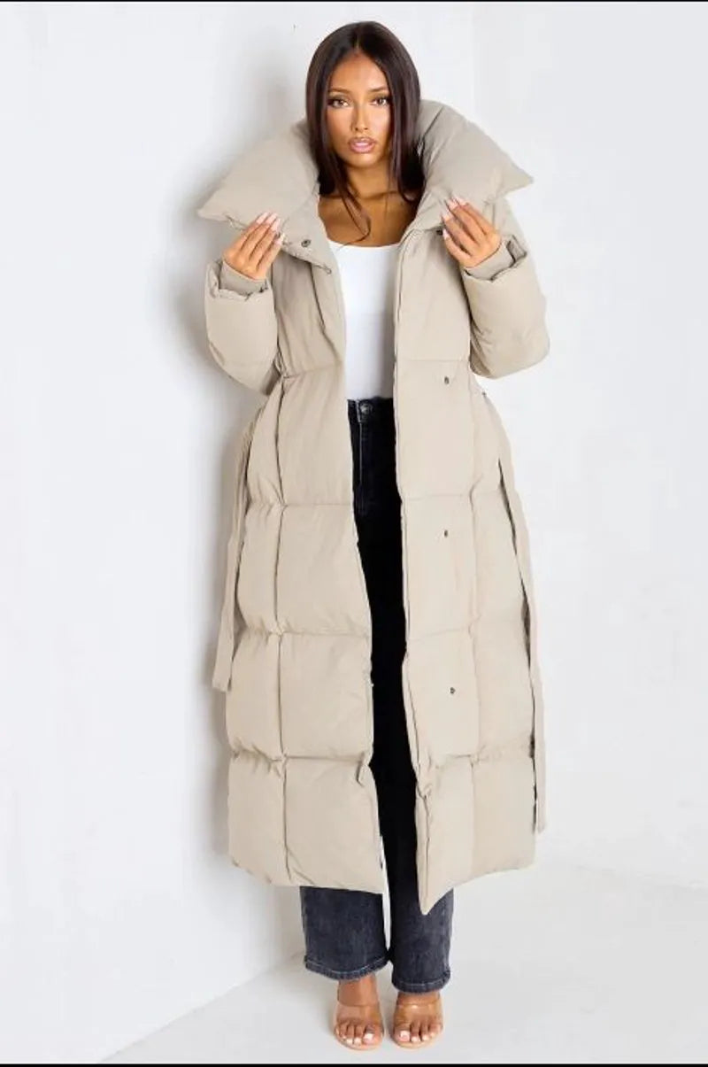 Taupe quilted long-sleeve puffer jacket