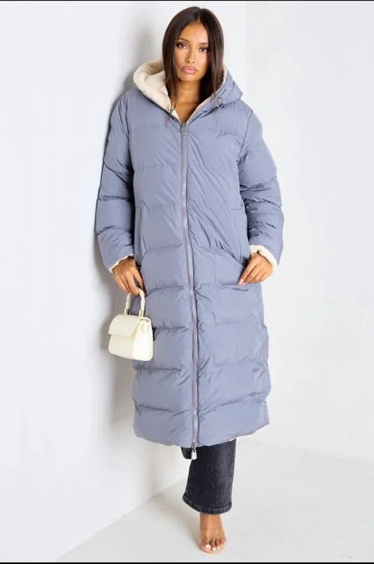 Reversible mid-length quilted grey down jacket with faux beige fur
