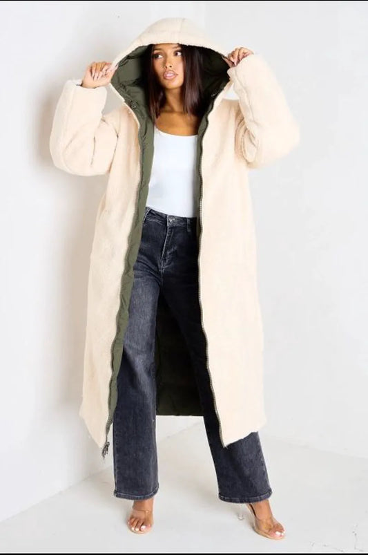 Reversible quilted khaki mid-length puffer coat with faux beige fur