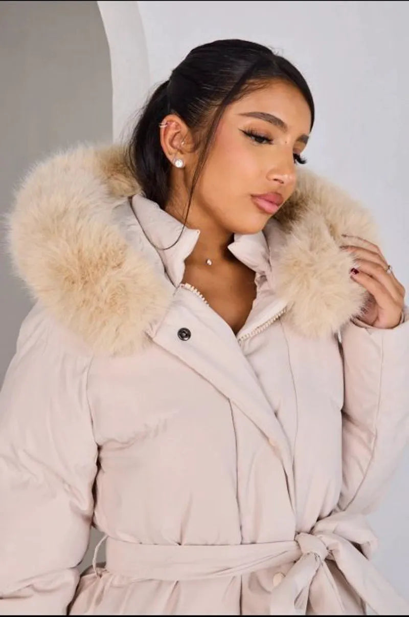 Beige hooded fur-trimmed belted down jacket