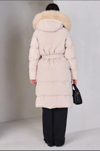 Beige hooded fur-trimmed belted down jacket