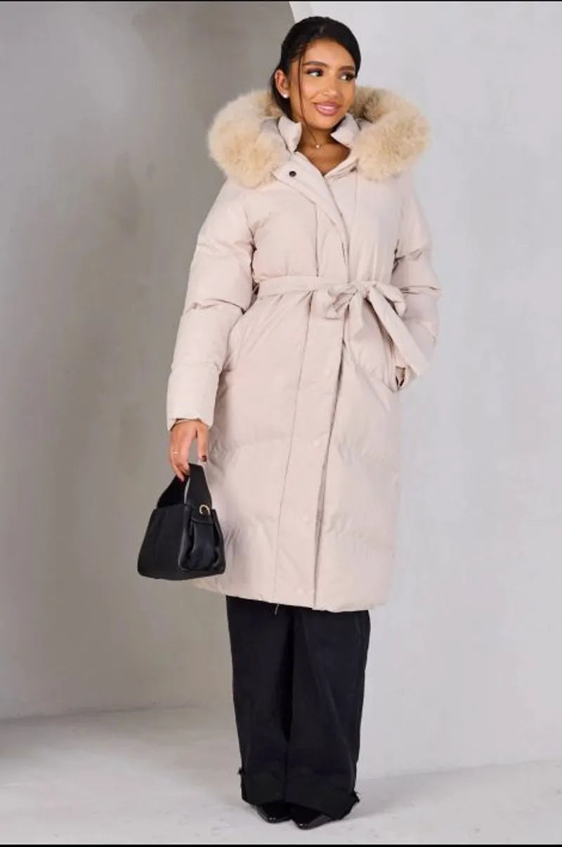 Beige hooded fur-trimmed belted down jacket
