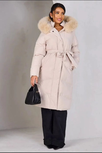 Beige hooded fur-trimmed belted down jacket