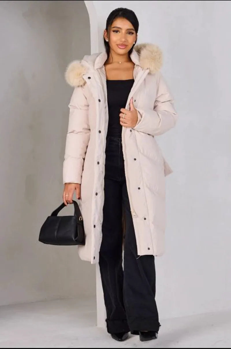 Beige hooded fur-trimmed belted down jacket