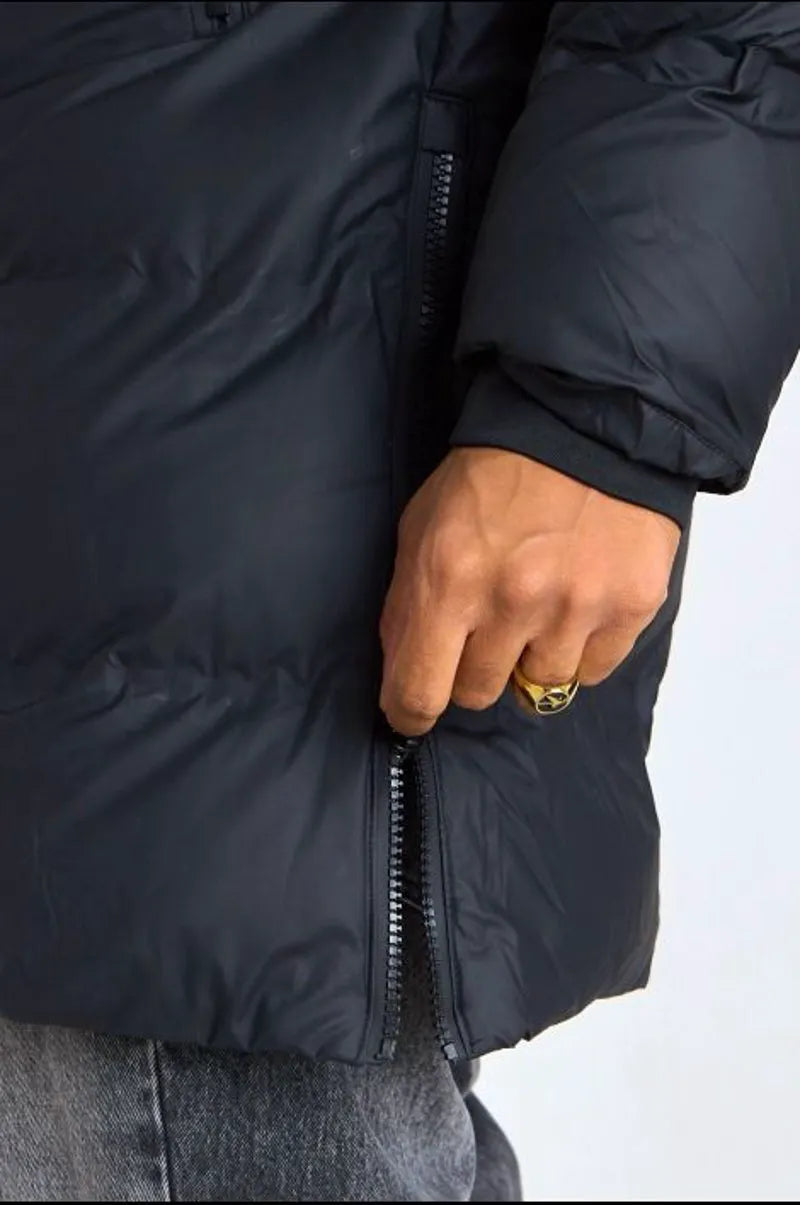 Long quilted black hooded down jacket
