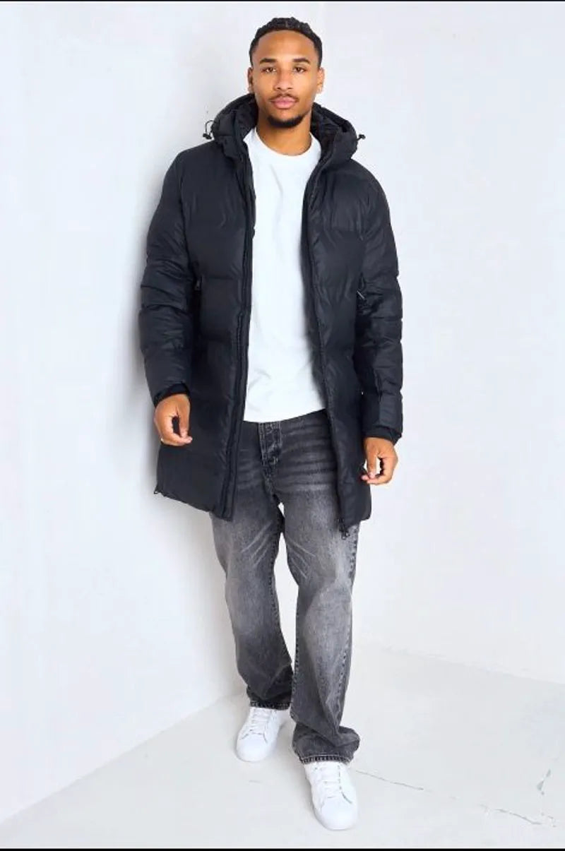 Long quilted black hooded down jacket