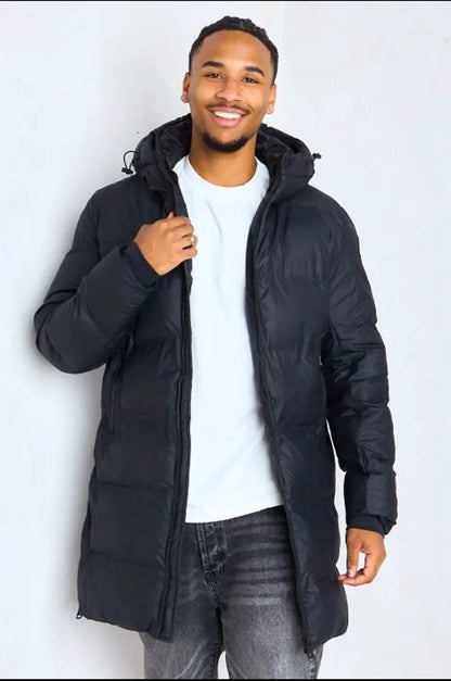 Long quilted black hooded down jacket