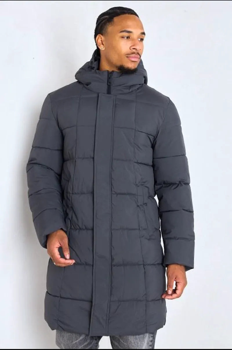 Long quilted black hooded down jacket