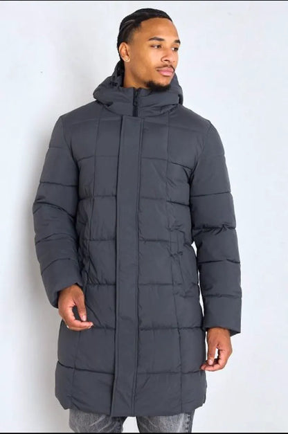 Long quilted black hooded down jacket