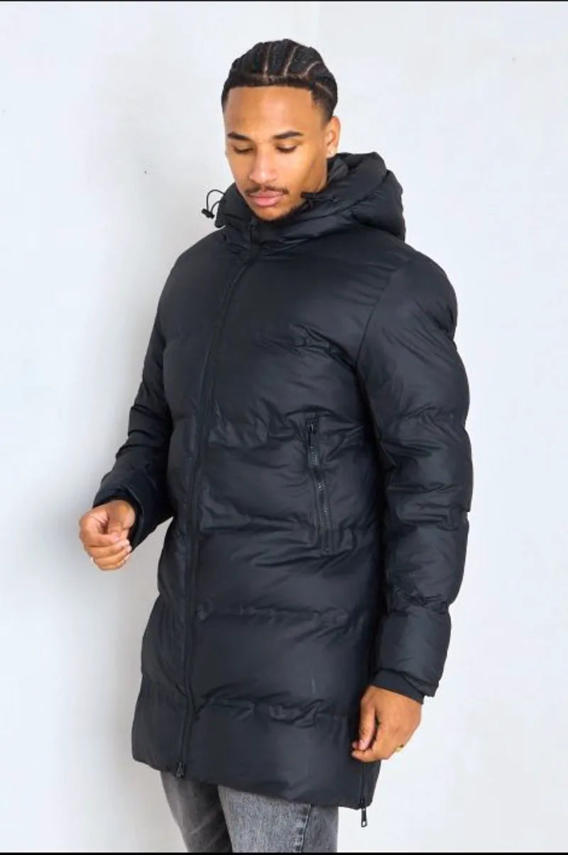 Long quilted black hooded down jacket