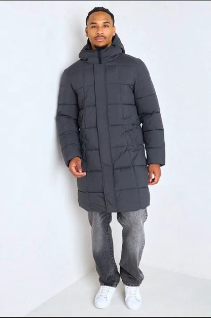 Long quilted black hooded down jacket