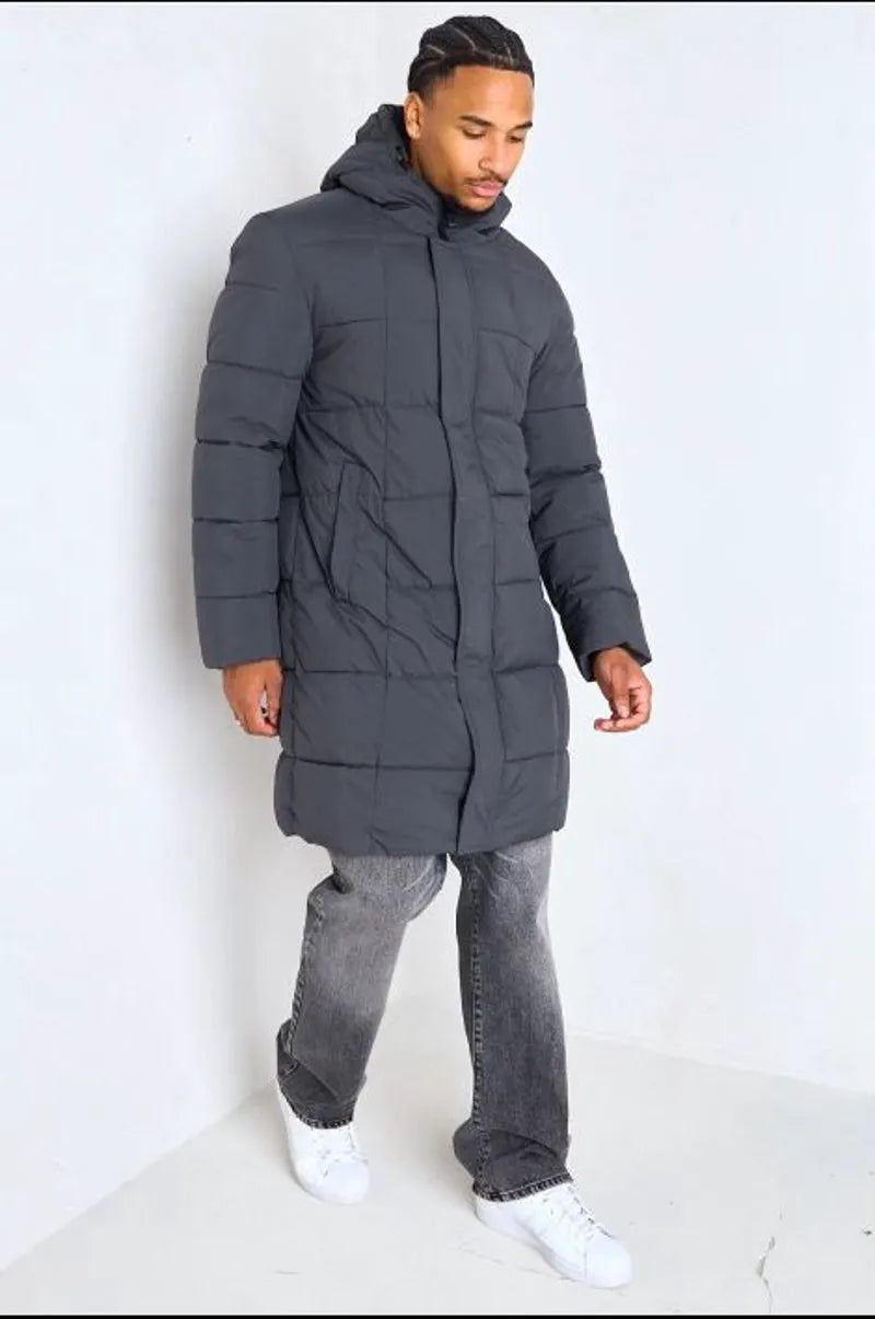 Long quilted black hooded down jacket