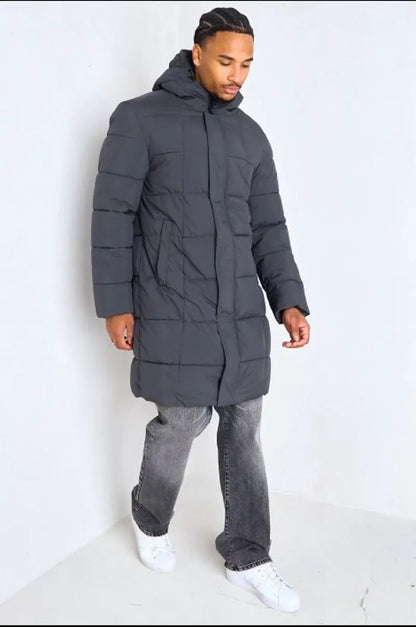Long quilted black hooded down jacket
