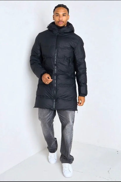 Long quilted black hooded down jacket