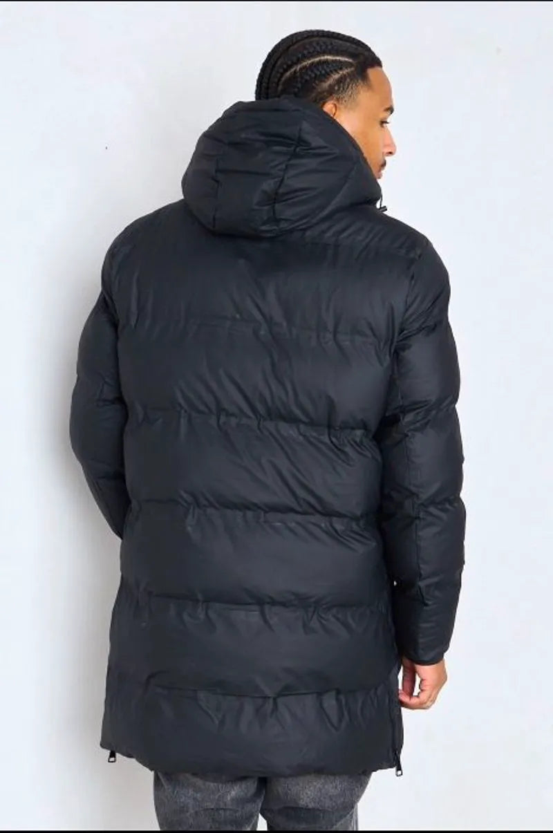 Long quilted black hooded down jacket
