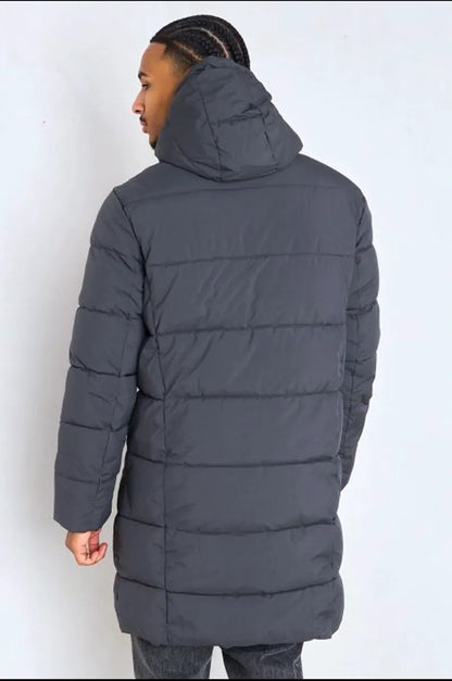 Long quilted black hooded down jacket