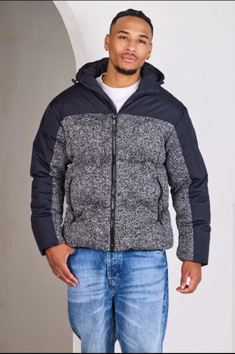 Black down jacket with marled panel