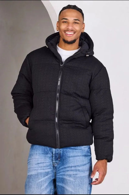 Black down jacket with wool print
