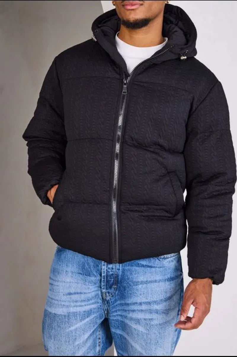 Black down jacket with wool print