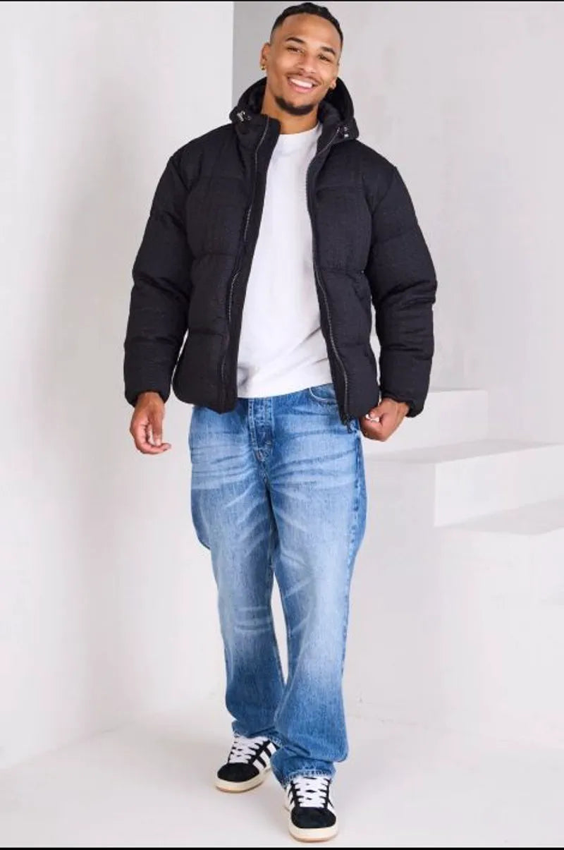 Black down jacket with wool print