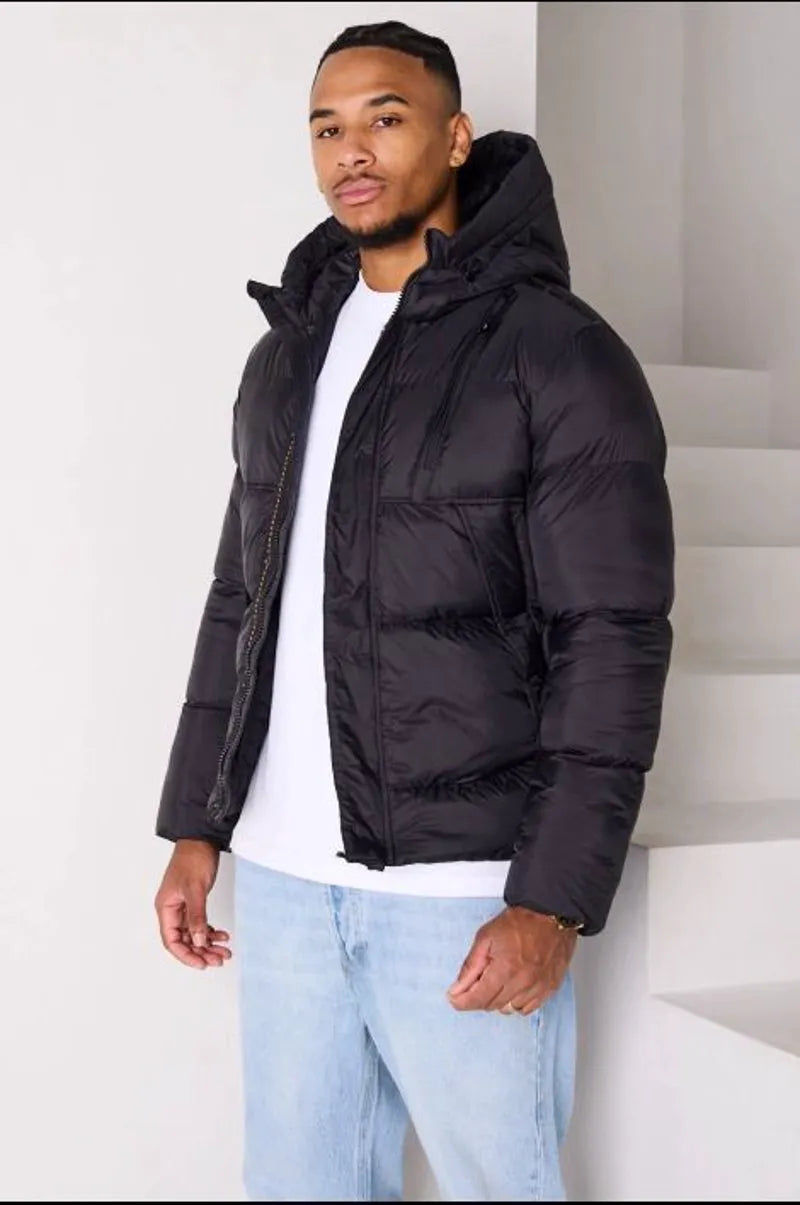 Textured quilted black hooded down jacket