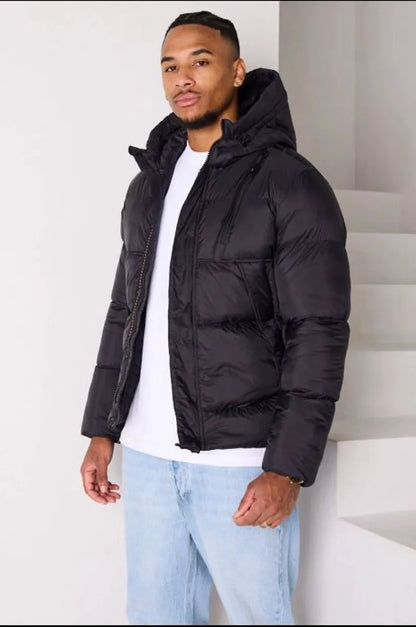 Textured quilted black hooded down jacket