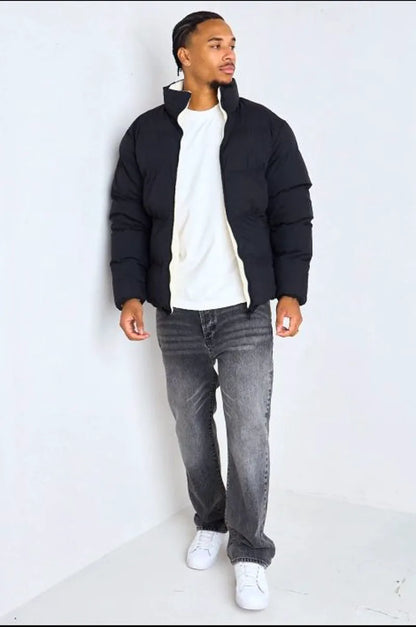 Reversible black down jacket with white shearling interior